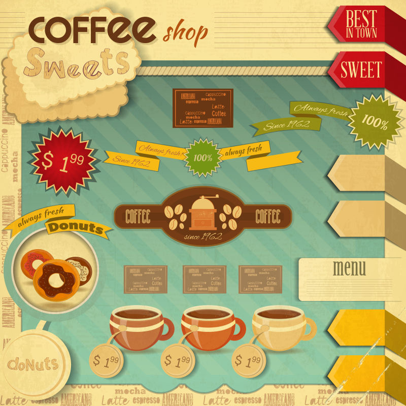 咖啡和甜品店的复古风格矢量设计