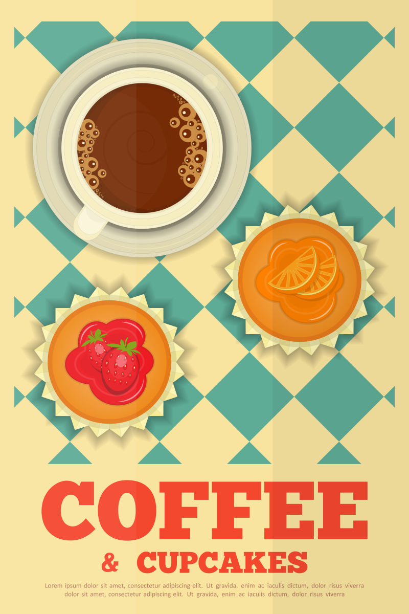 棕色咖啡和橙色草莓蛋糕复古菜单封面矢量设计
