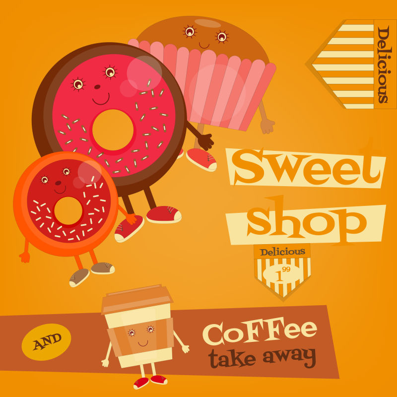 有趣的圆形甜食咖啡店海报矢量设计