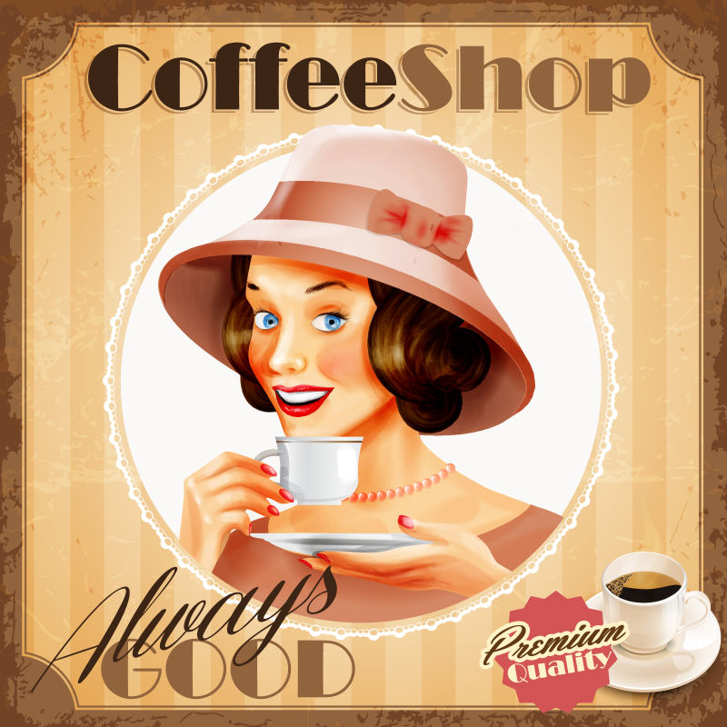 带有美女喝咖啡的咖啡店复古封面设计矢量