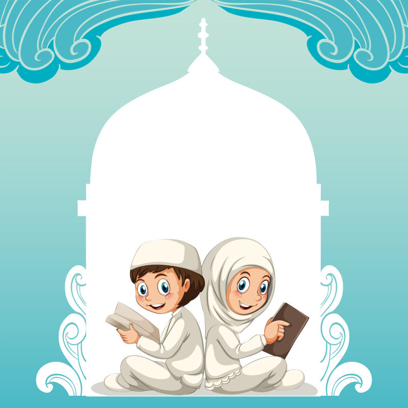 矢量穆斯林夫妇穿着白色服装阅读书籍插图