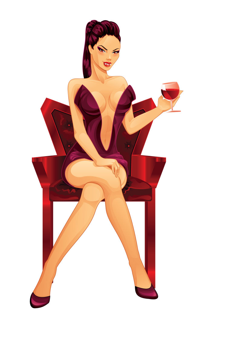 矢量时尚的卡通美女喝红酒