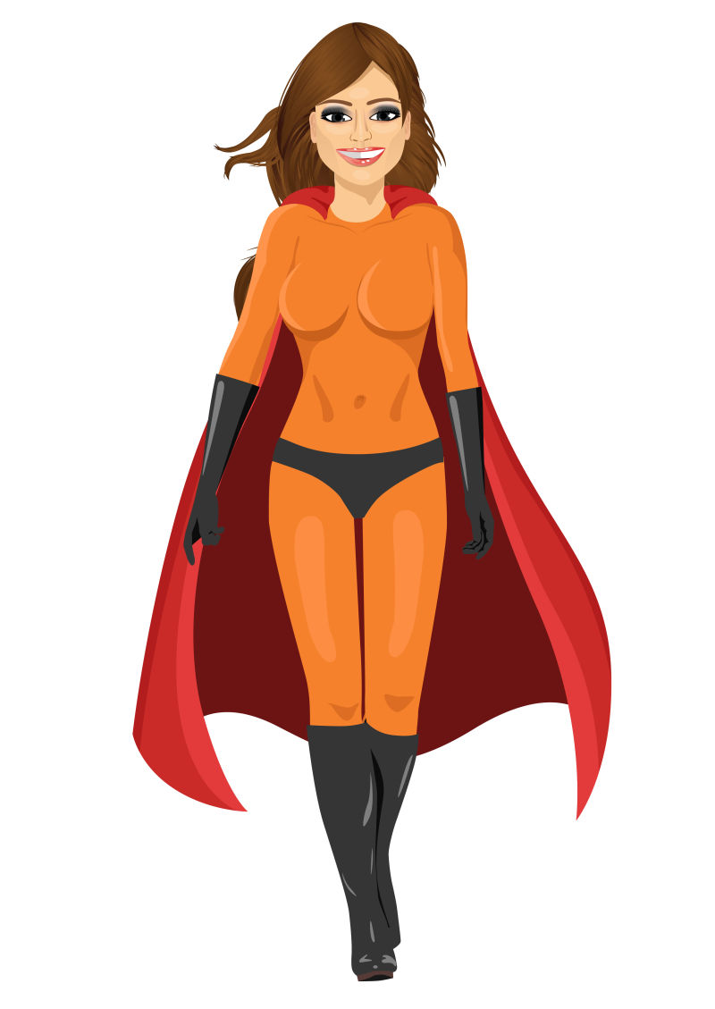 矢量美丽女孩穿着超级英雄服装走在前面