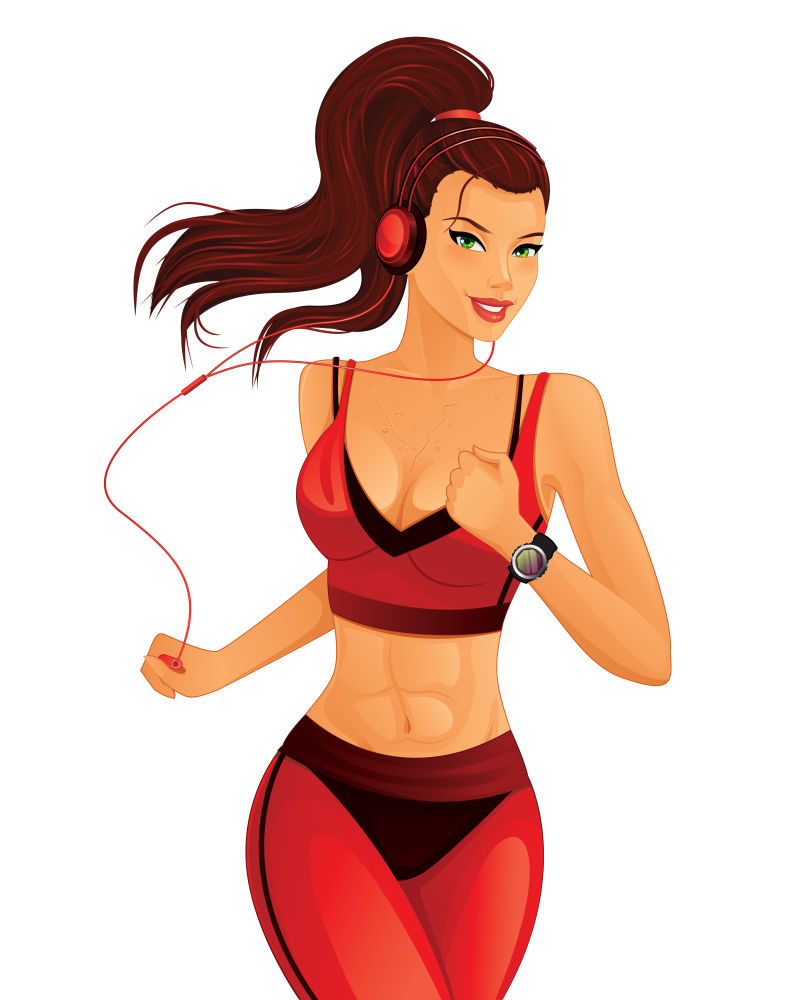 矢量时尚的卡通美女跑步听音乐