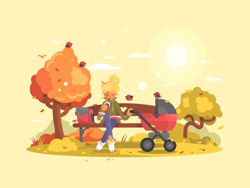 矢量设计带着婴儿在公园长椅上休息的母亲