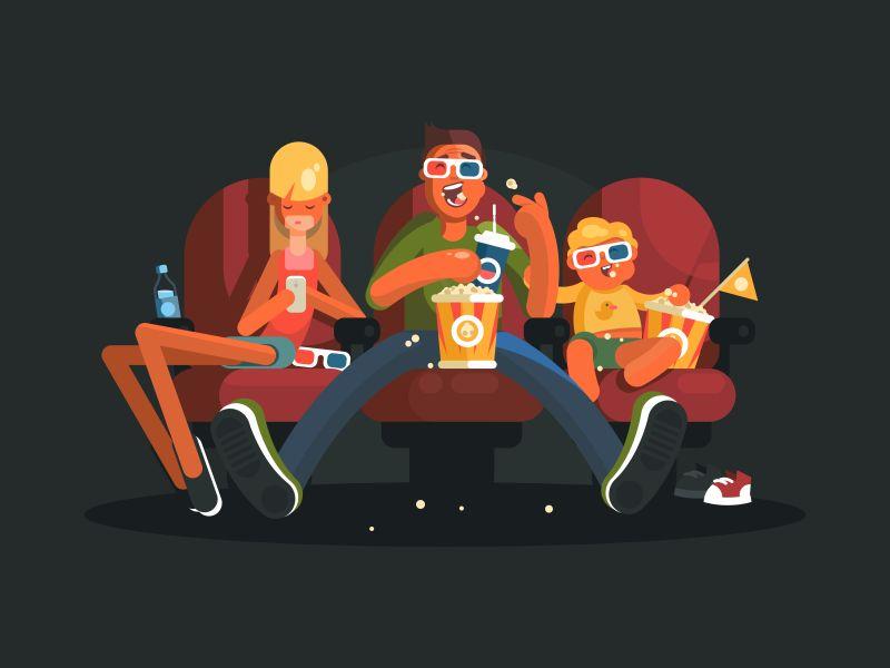 矢量设计看家庭影院的卡通人物