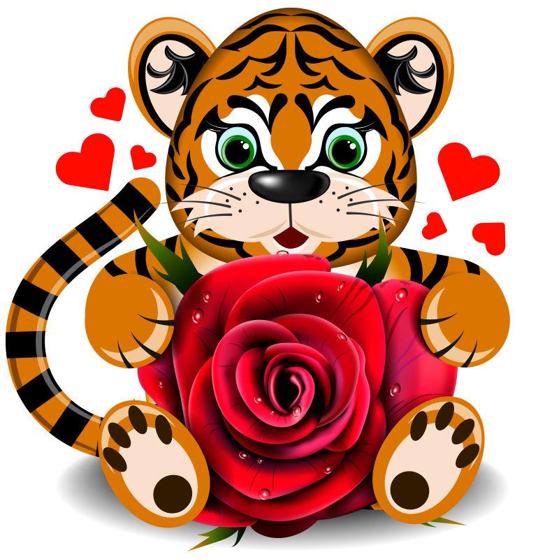 抱着红色玫瑰花的老虎矢量