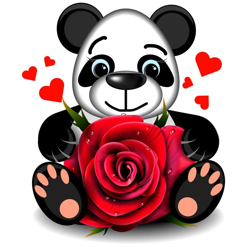 抱着红色玫瑰花的大熊猫矢量