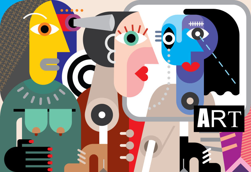 抽象当代艺术展参观者矢量插图