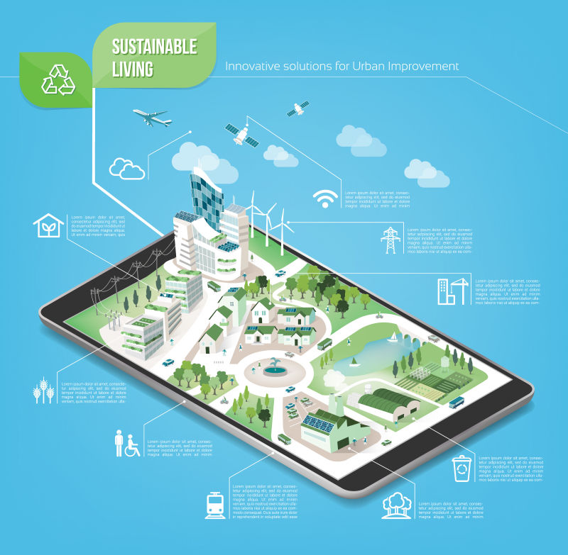 矢量平板上的城市建筑替代能源和环境保护图标矢量