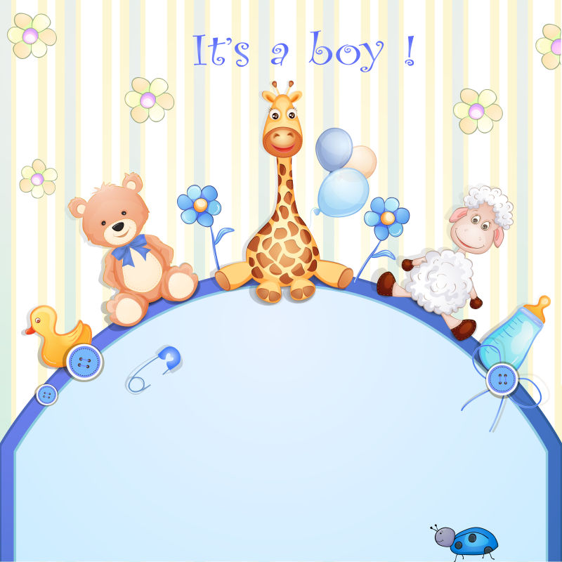 矢量蓝色主题婴儿玩具元素的请帖设计