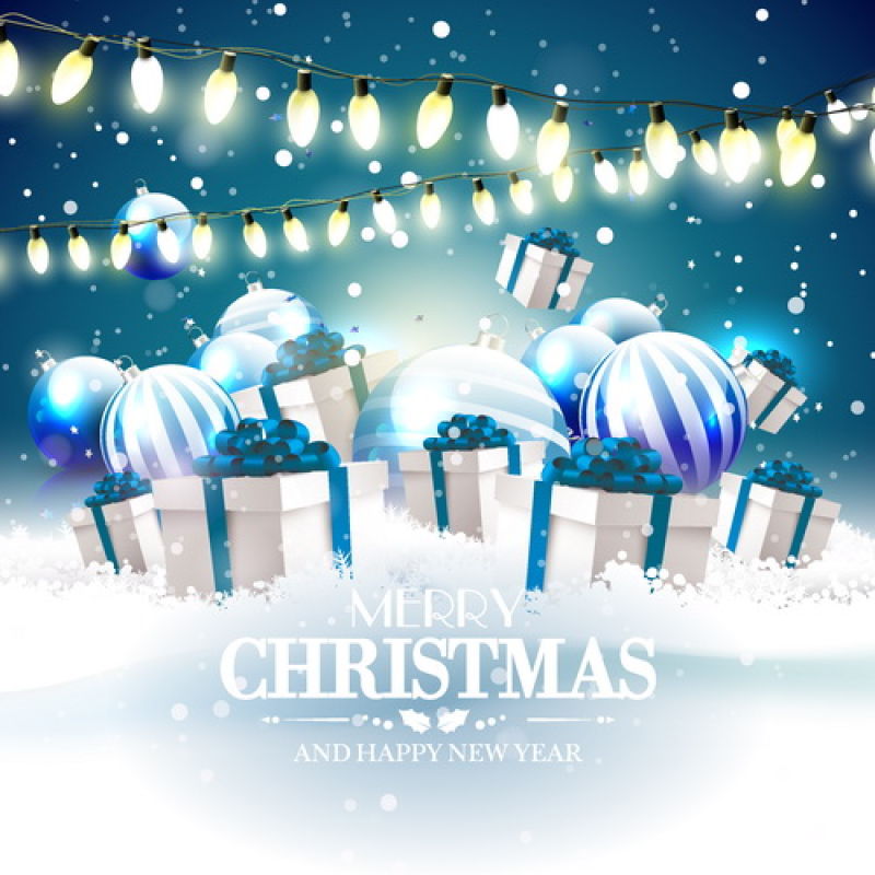 雪地上的圣诞礼物和闪光的装饰灯背景矢量设计