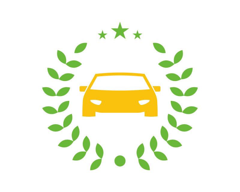 带有绿色树叶的黄色汽车运输驾驶图标矢量