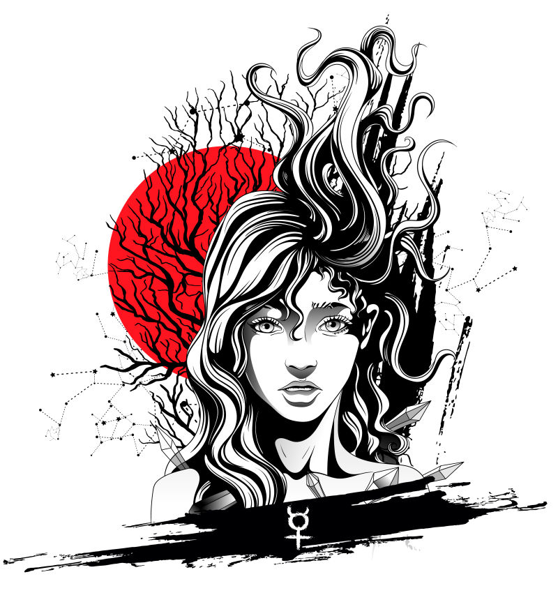 长发女孩矢量手绘插图