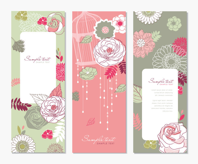 手绘花卉元素的矢量装饰卡片设计