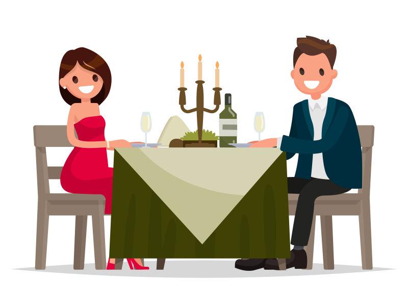 矢量卡通男人和女人坐在桌旁