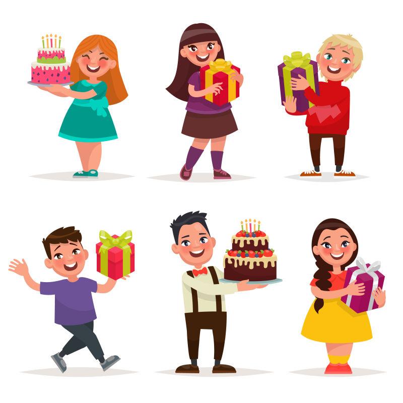 矢量卡通带礼物和生日蛋糕的男孩女孩们