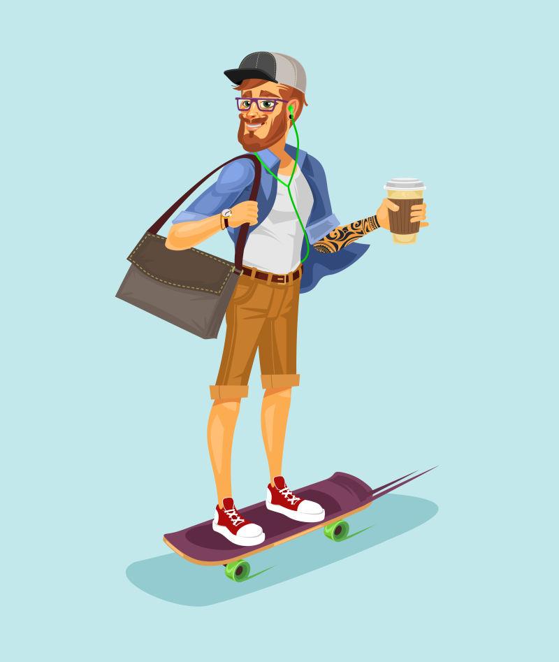 一个凉爽的嬉皮士骑滑板和喝咖啡的矢量插图