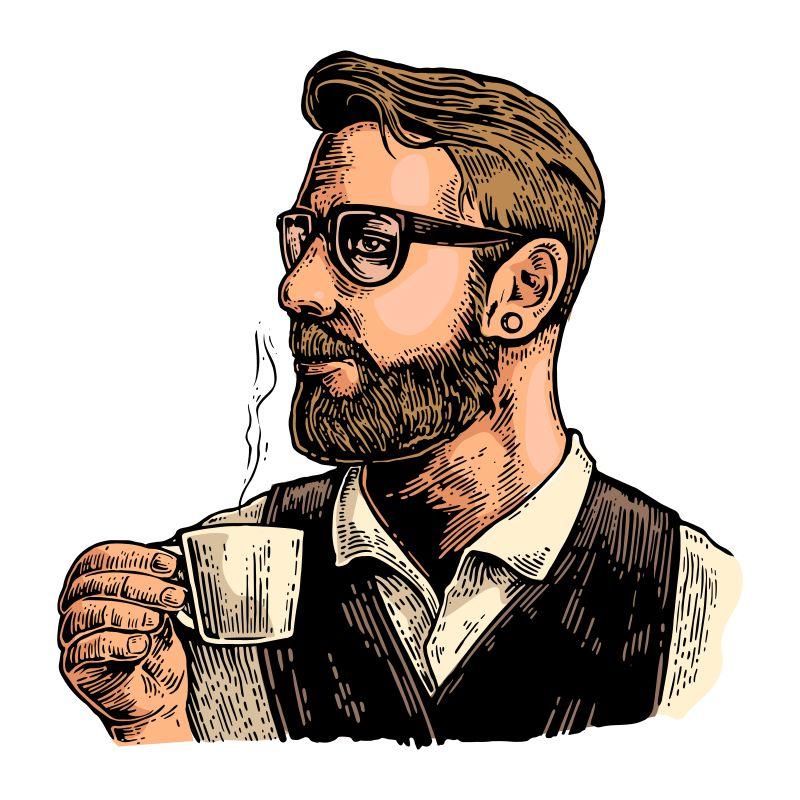 手绘彩色时尚胡子男拿着一杯热咖啡海报