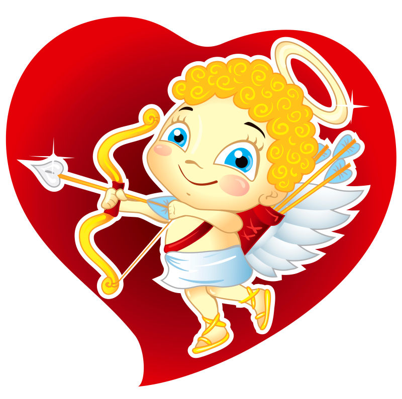 情人节与Cupid在红心上的插图矢量