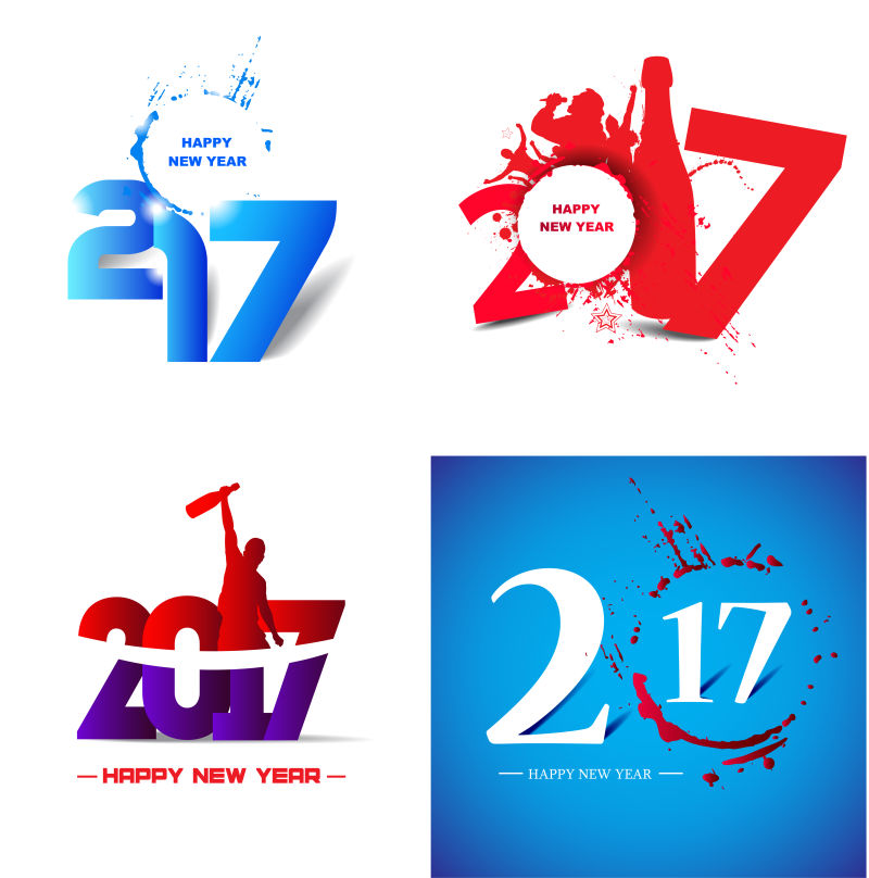 红色蓝色彩色字体的2017新年旗帜矢量