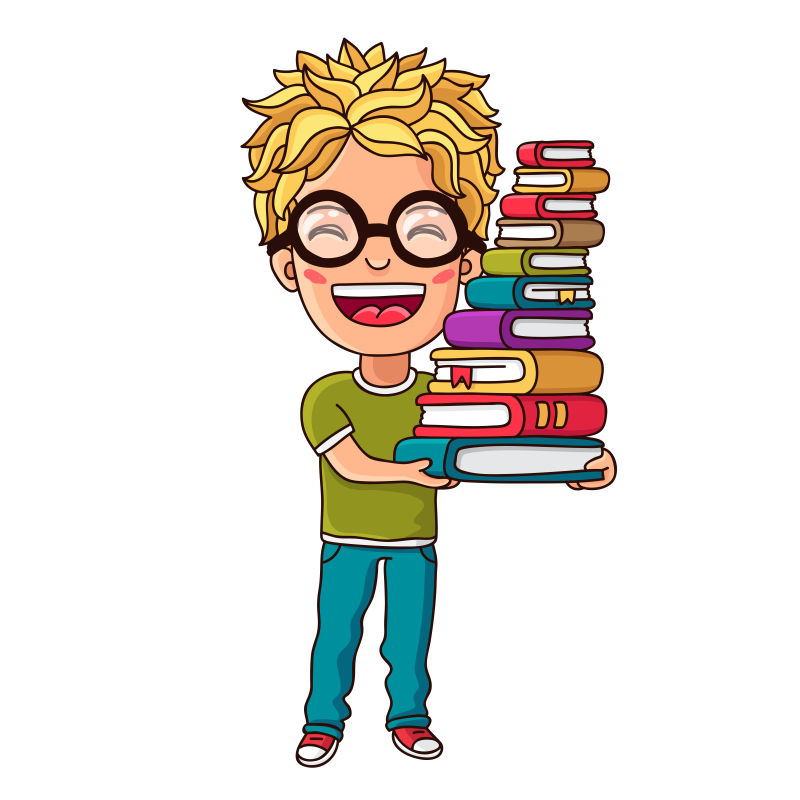 矢量金发男孩手里拿着一摞书