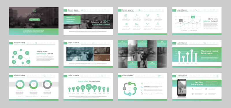 具有绿色商业平面矢量覆盖背景的演示文稿和小册子