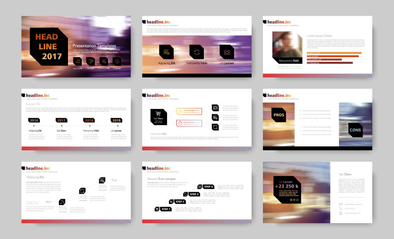 具有平面矢量覆盖背景的演示文稿以及小册子
