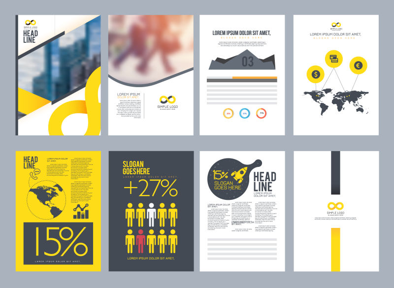 具有平面矢量布局覆盖背景的演示文稿和小册子
