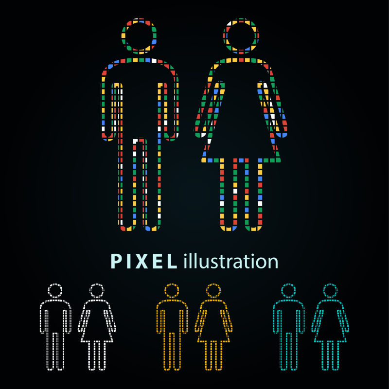 矢量彩色男人和女人洗手间像素图标