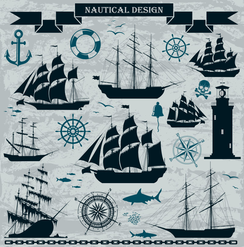 矢量具有航海元素的帆船