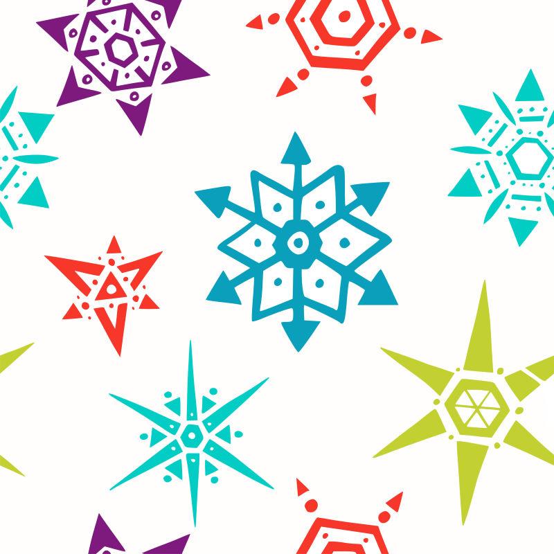 无缝模式彩色雪花在不同形状的白色背景矢量