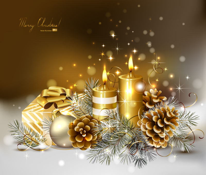 金色圣诞装饰和蜡烛的圣诞背景矢量