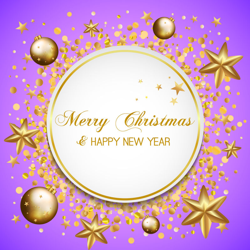 矢量紫色圣诞背景上的金色星星和圣诞球
