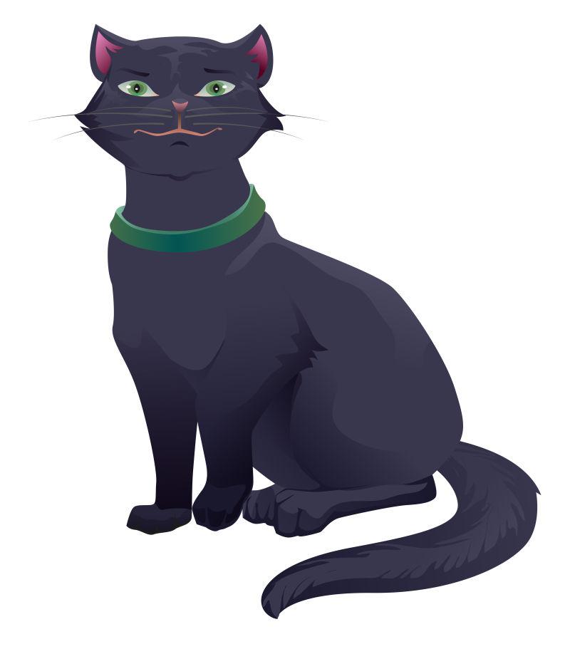 矢量卡通绿眼睛的黑猫坐着