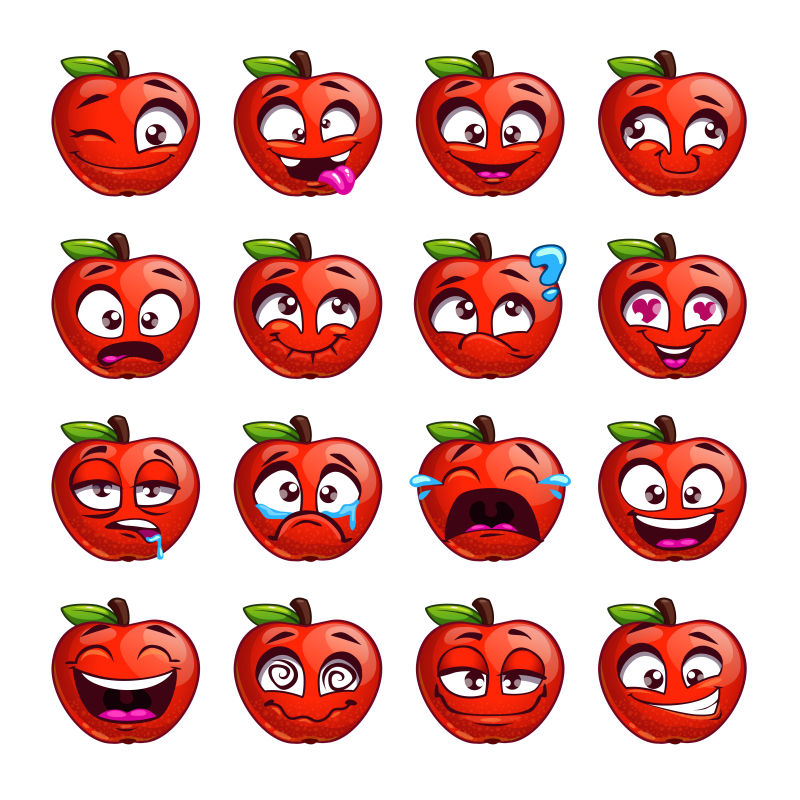 滑稽卡通苹果脸上有不同的情感矢量