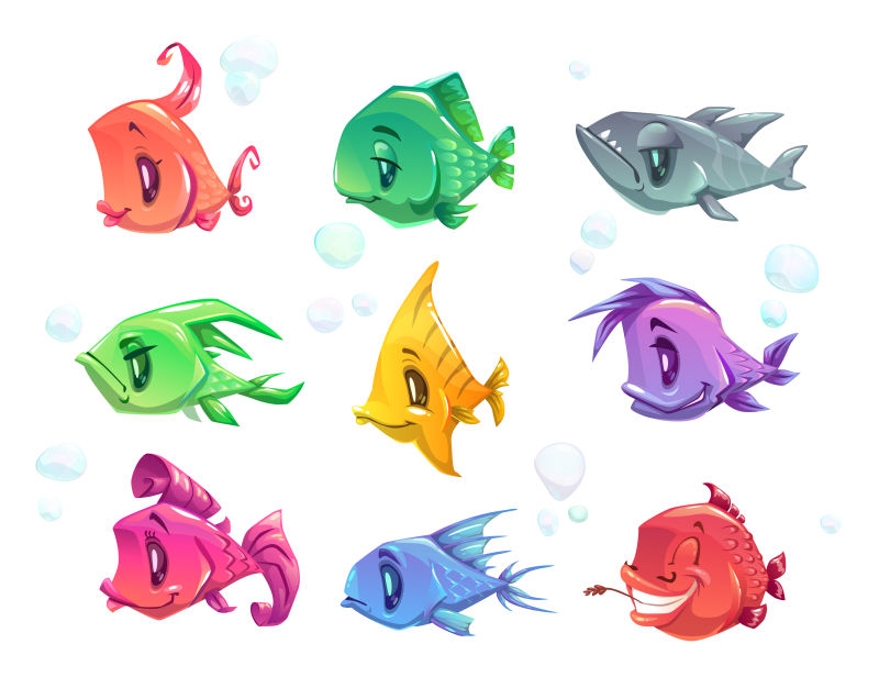 不同种类有趣的卡通多彩的鱼