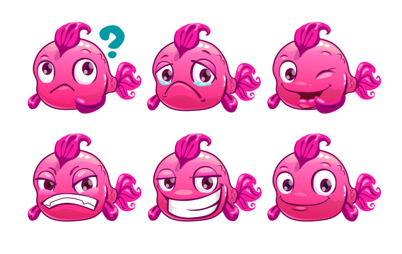 矢量滑稽卡通粉红鱼脸上有不同的情绪