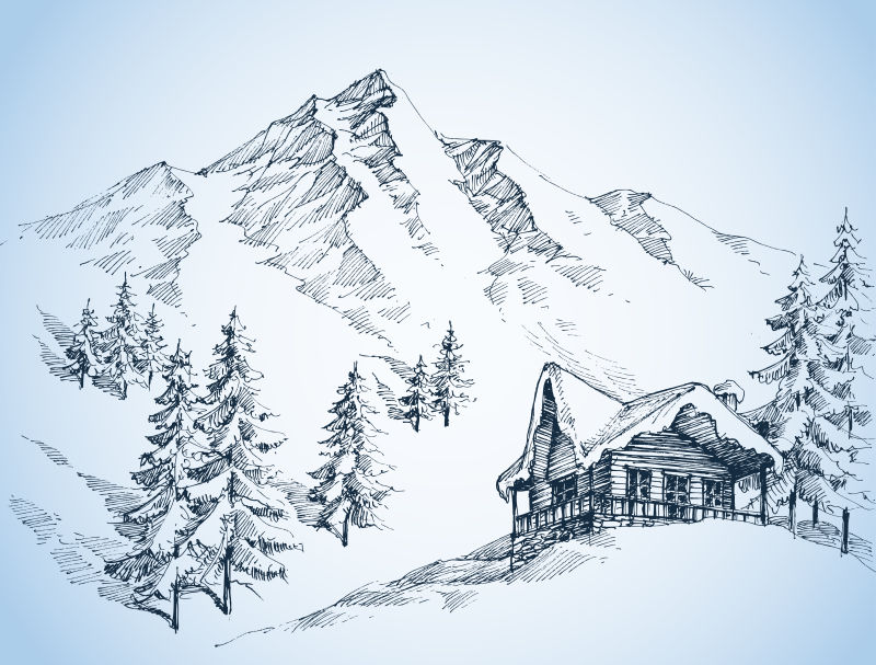 冬季景观与山上的小屋矢量插图