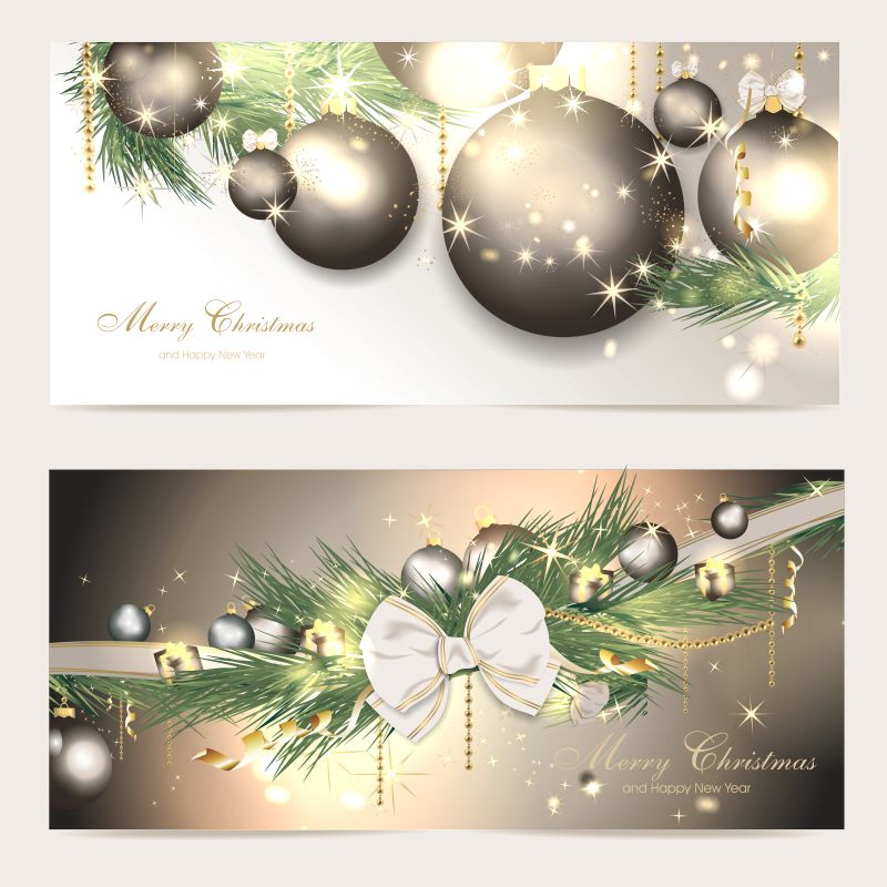 矢量圣诞球和蝴蝶结装饰横幅设计