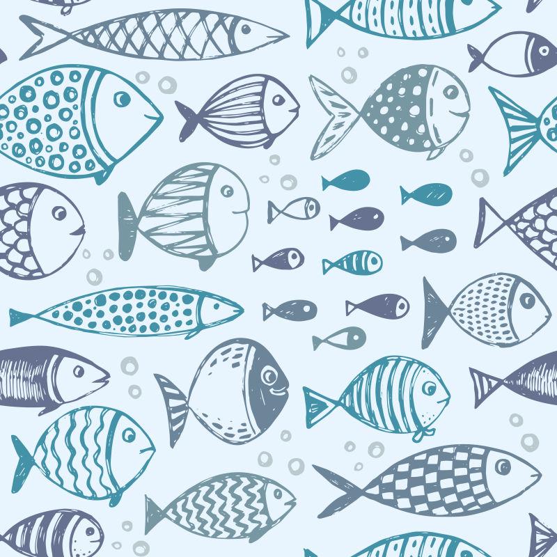 矢量海洋背景素描风格的手绘滑稽鱼