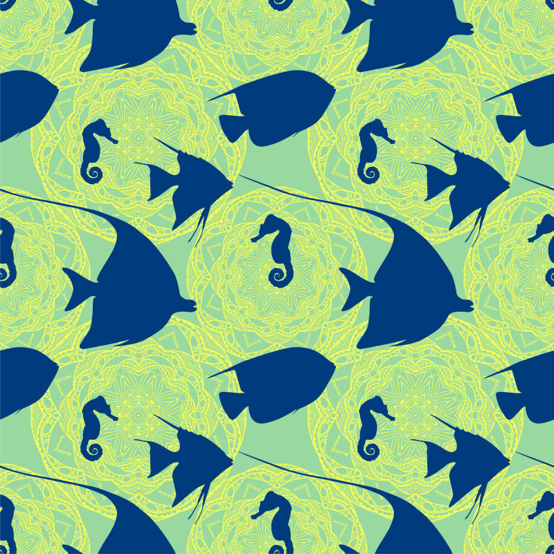 黄色曼陀罗背景中矢量蓝色鱼图案