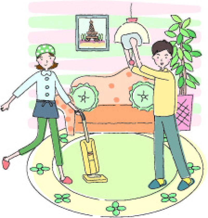 夫妻两人打扫卫生的平静的生活矢量插图