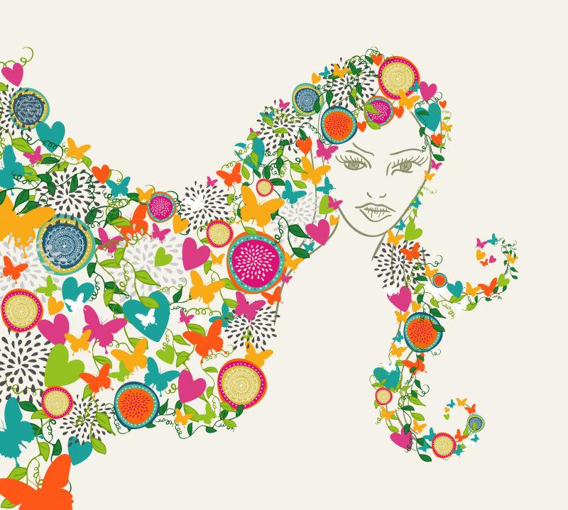 矢量美丽女人抽象花发插图