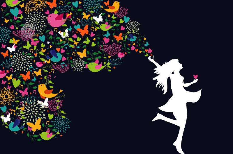 矢量幸福女人剪影彩色卡片