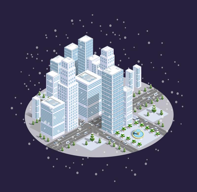 矢量冬季降雪城市景观