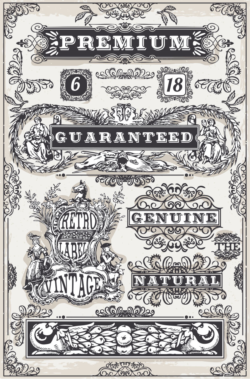 旧式矢量手绘横幅和标签