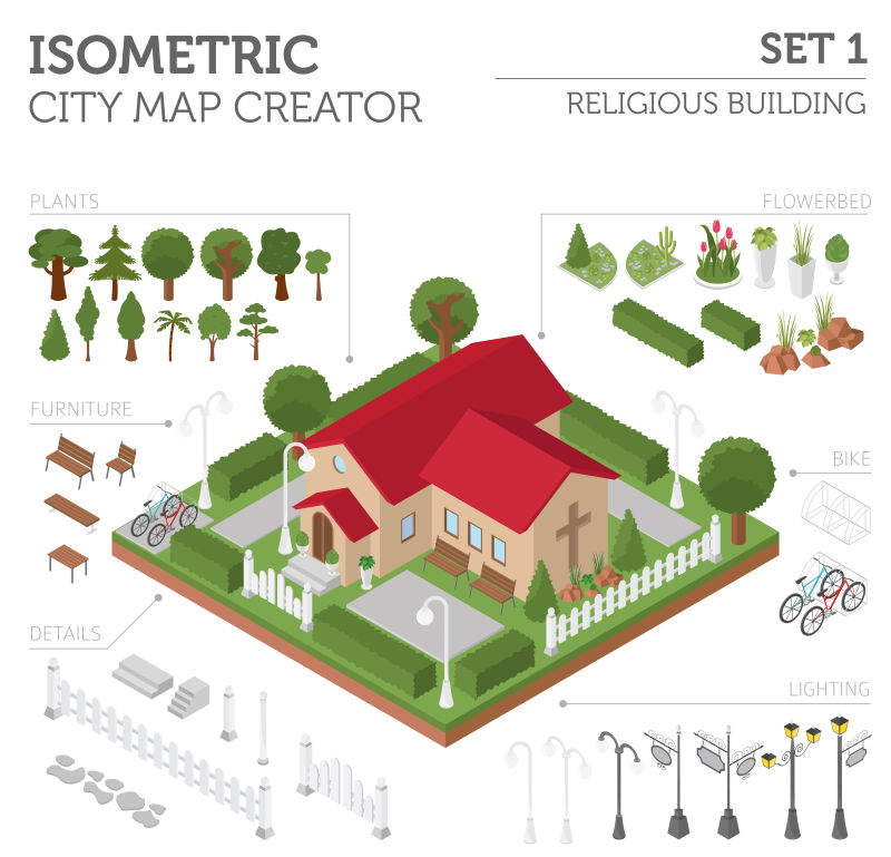 三维等距教堂矢量插图