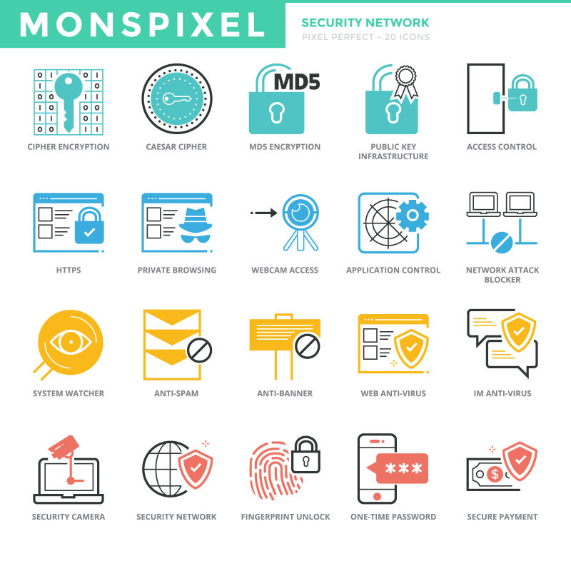 矢量安全网络平面细线图标集