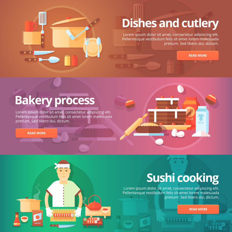 食品和厨房横幅平面矢量插图
